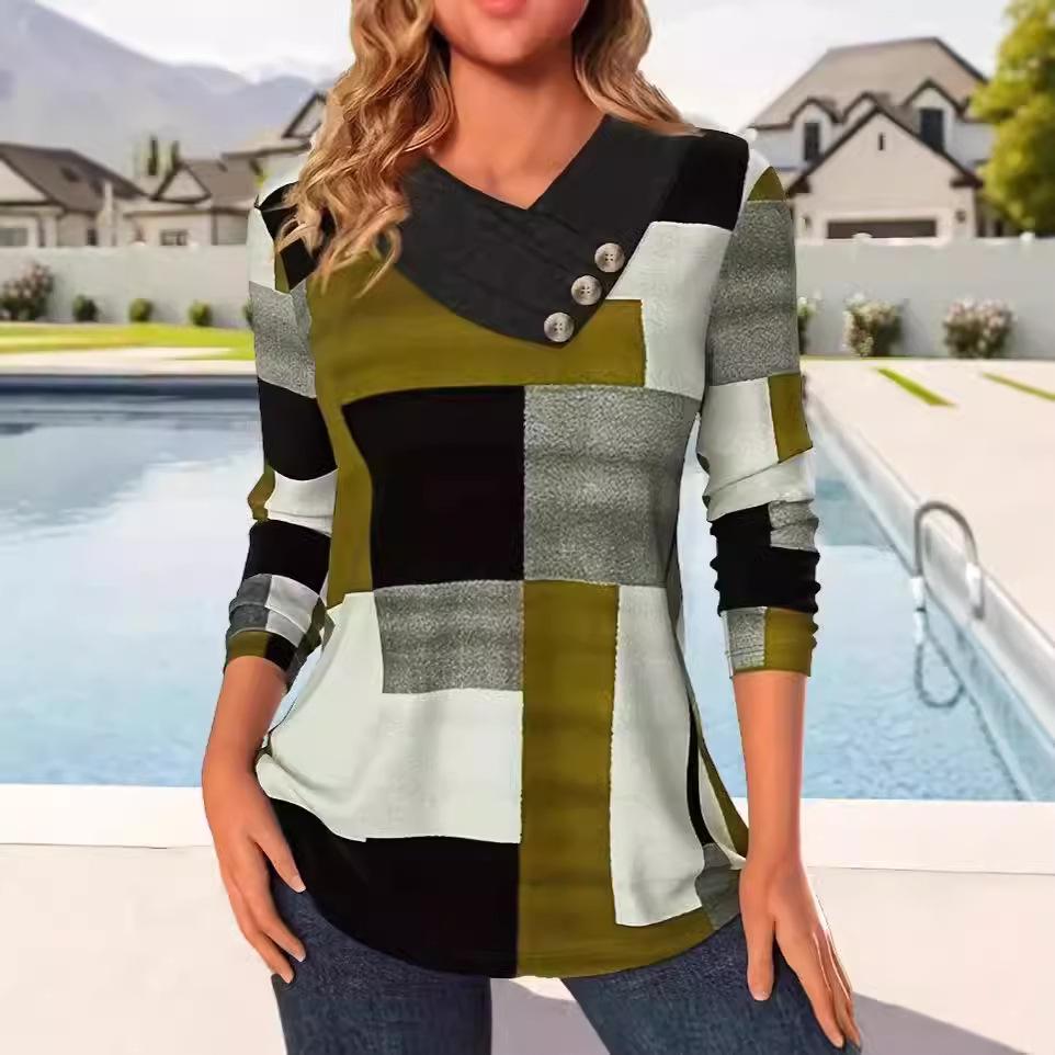 Top de damă 2024, modă, bloc de culoare, decolteu în V, mărime plus