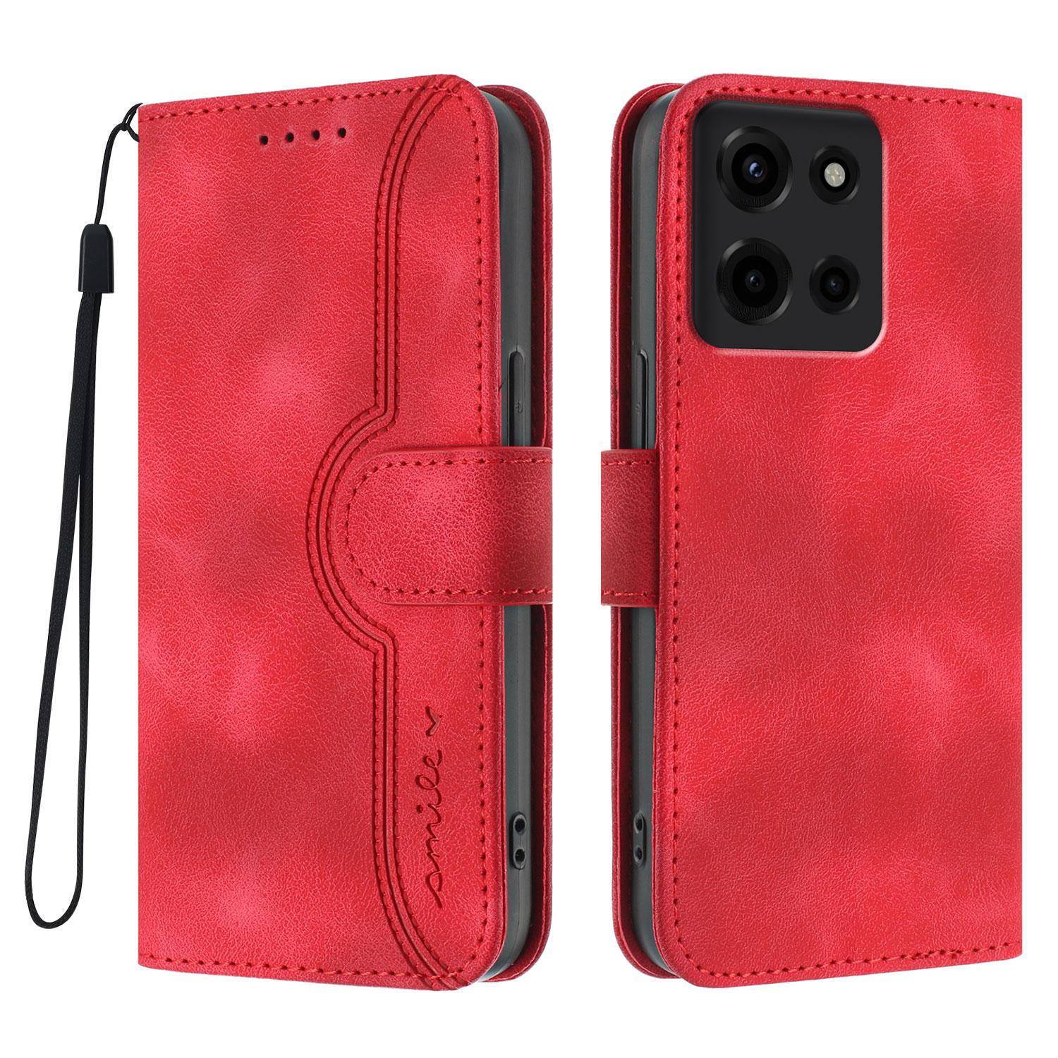 

Для Motorola Moto G 5G (2025) Шкіряний чохол-гаманець-підставка з тисненням у вигляді смайлика, чохол для телефону з ремінцем Red