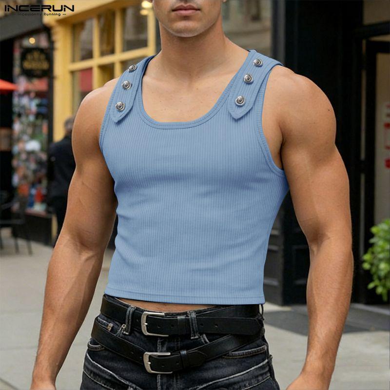 INCERUN Summer Men Sleeveless Strap Decorative Ribbed Casual Tank Tops