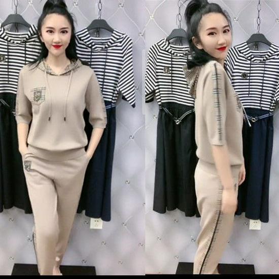 Summer Casual Hooded Set: Slimming Short-Sleeve Top & Long Pants for Middle-Aged Plus Size Women