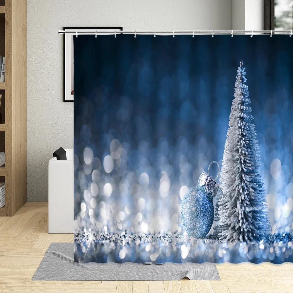 Merry Christmas Shower Curtain Xmas Tree Socks Elk Wooden House Snowman Winter Festival Decor Wall Cloth Bathroom Curtains Sets