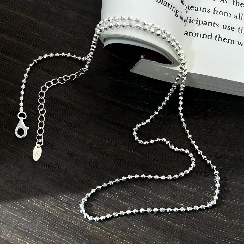 S925 Sterling Silver 2mm Sparkling Faceted Bead Necklace - Trendy Minimalist Pendant Chain