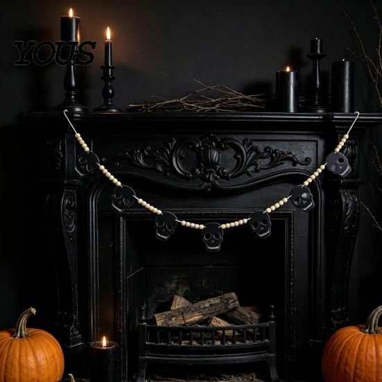 Ghost Halloween Garland 2 Pcs 7.5FT Garland, Felt Pumpkin Bat Skull with Banner Decoration Wood Beads, Party Hanging for Fireplace Doorway Indoor