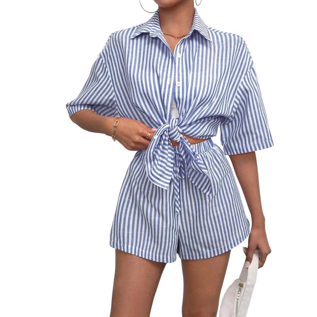 Women's Casual Two Piece Set Striped Short Sleeve Button Down Shirt with Elastic Waist Shorts Lightweight Summer Outfit