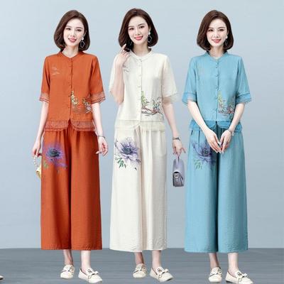 Mom's Summer Loose Short Sleeved Cotton Linen Two Piece Set Middle Aged Elderly Women's