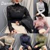 Danmo Autumn Women Thin Lace T Shirt Sexy Turtleneck Long Sleeve Slim Lace Crochet Patchwork Tee Tops