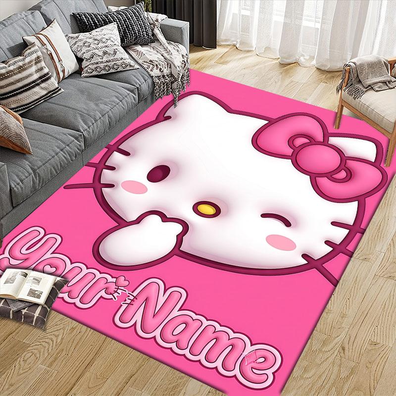 Custom Name,3D Inflated Hello Kitty Home Sofa Decoration for Living Room & Bedroom, Non‑Slip Play Flannel Floor Mat for Game Room