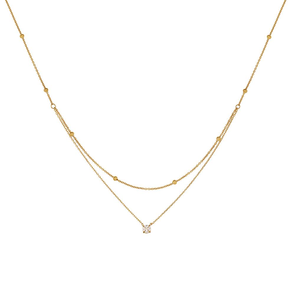 Exquisite Double Layer CZ Diamond & Gold Bead Clavicle Necklace, Stainless Steel Vacuum Plated Color Retention Jewelry