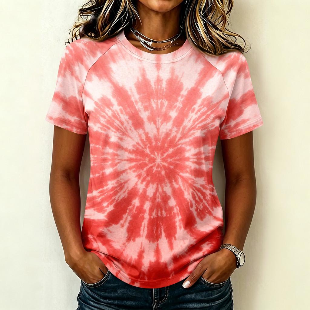 Damen Freizeit Kurzarm Raglan T-Shirt Rundhals Batik-Print Leichtes Weiches Gewebe Sommer Oberteil