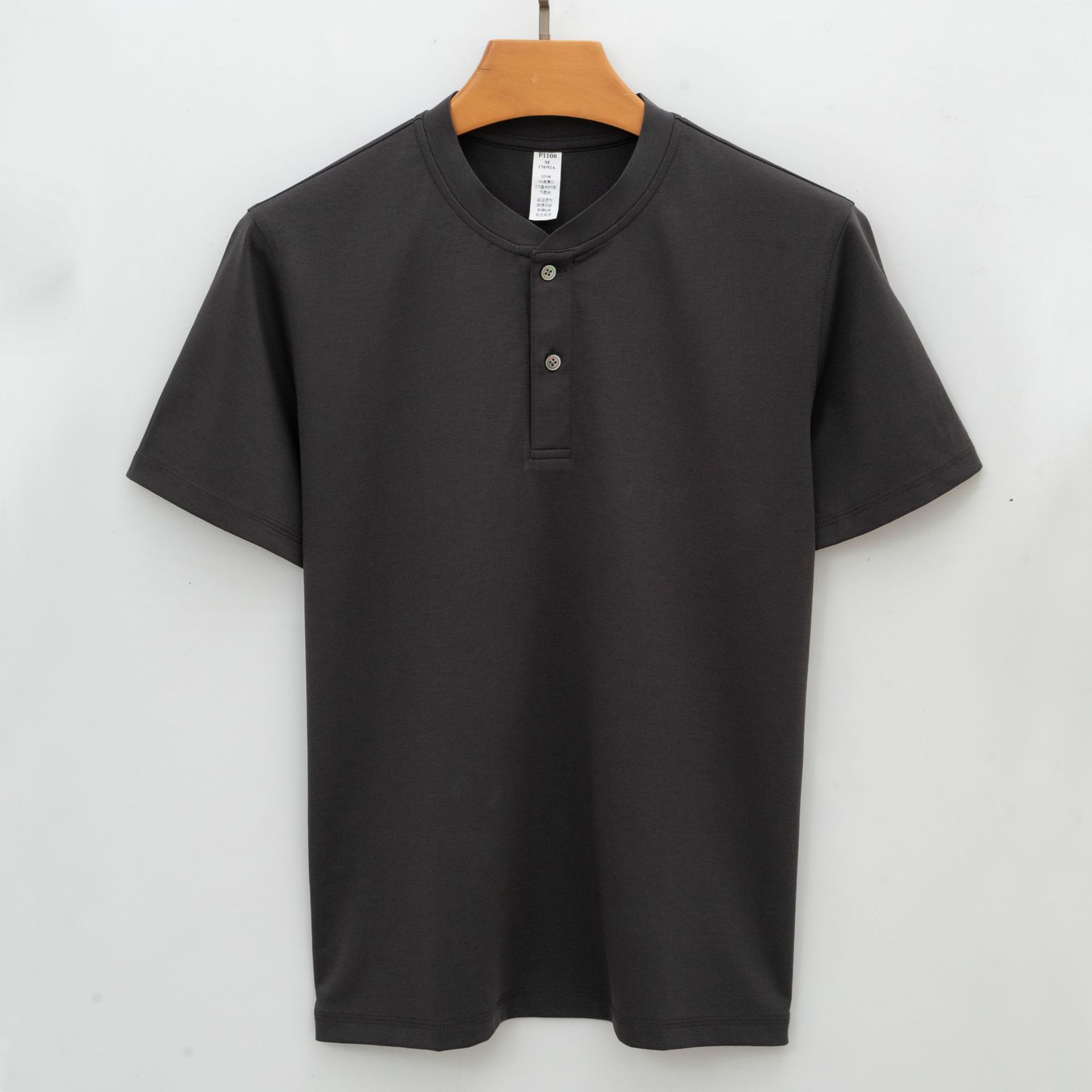 

Youth Double-sided Lyocell Mercerized Cotton T-shirt Stand-collar Black Premium Short-sleeve Minimalist Lightweight Breathable Business T-shirt 4XL