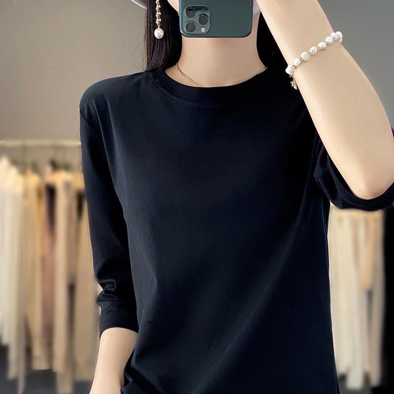 Spring and Summer Women Cropped Sleeve Female Round Neck Loose Cotton Short Sleeve Bottoming T-Shirt