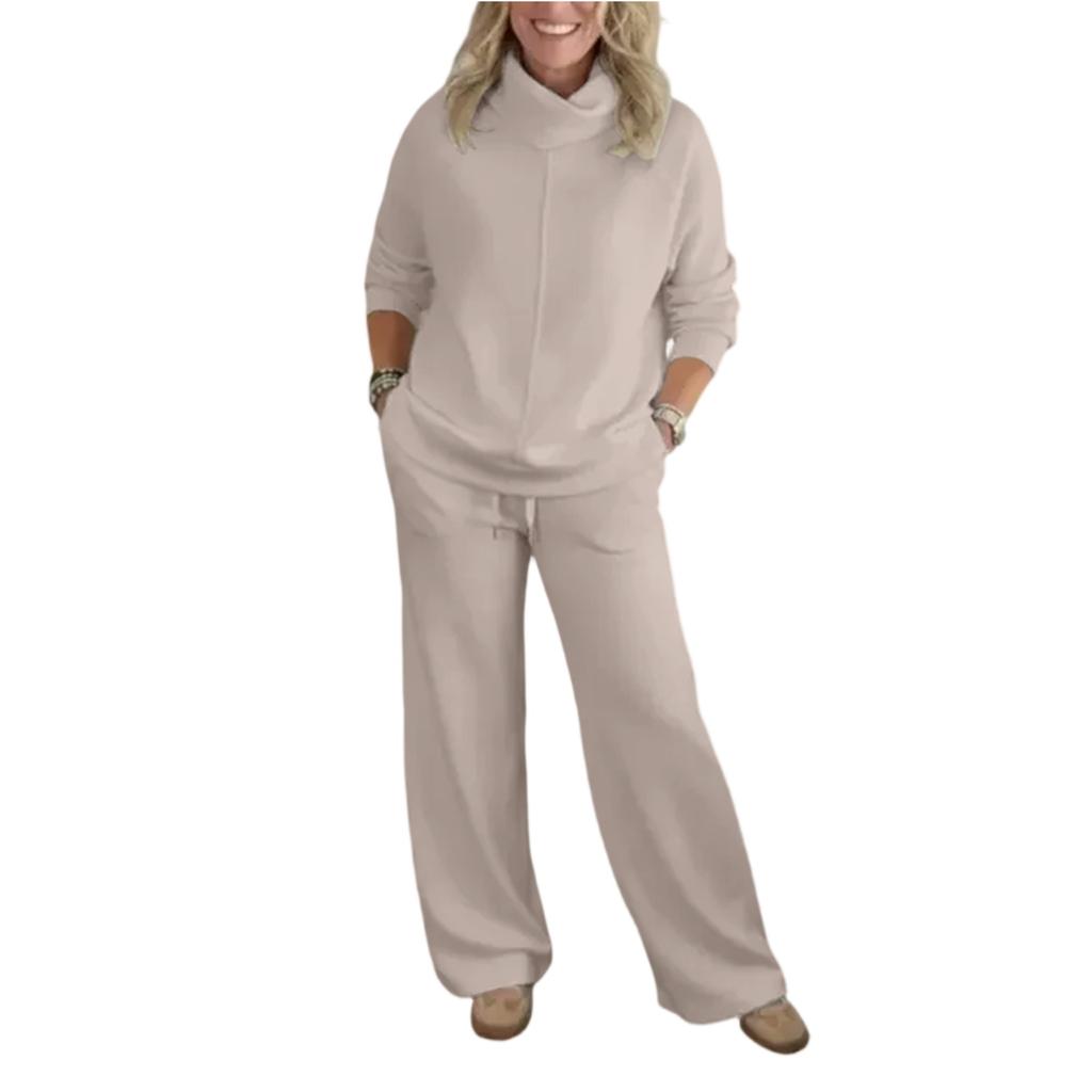 Women's Fashion Solid Color High Neck Long Sleeved Hem Slit Sweatshirt Top Casual Sweatpants Two-piece Set