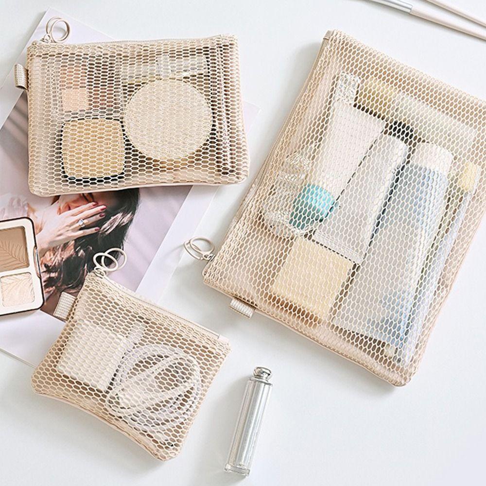 Multi-purpose Storage Bag Beige Mesh Material Mesh Storage Pouch Lightweight Design Zipper Closure Coin Purse Sundries Storage