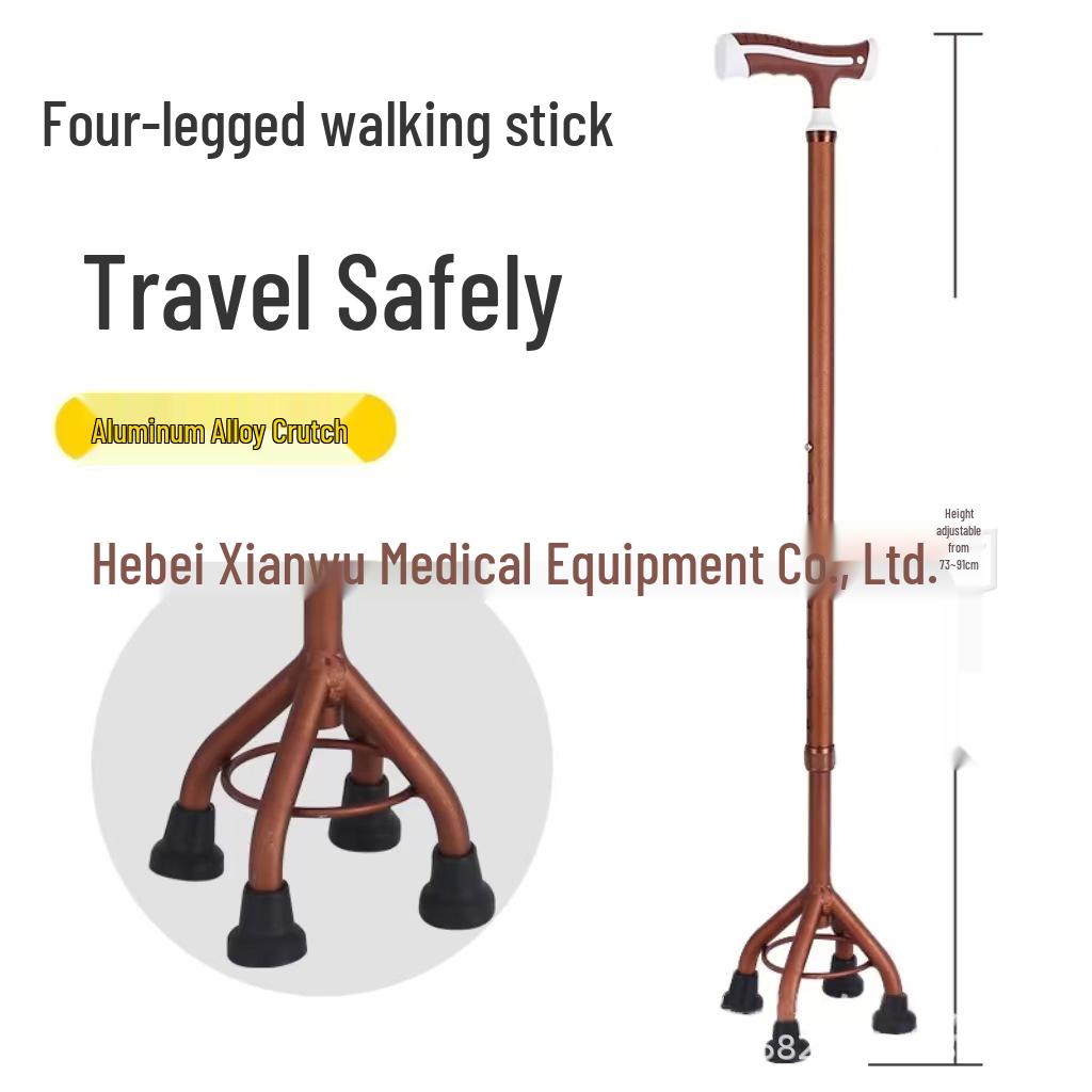 Adjustable Height Lightweight Aluminum Quad Cane with Non-Slip Base for Elderly