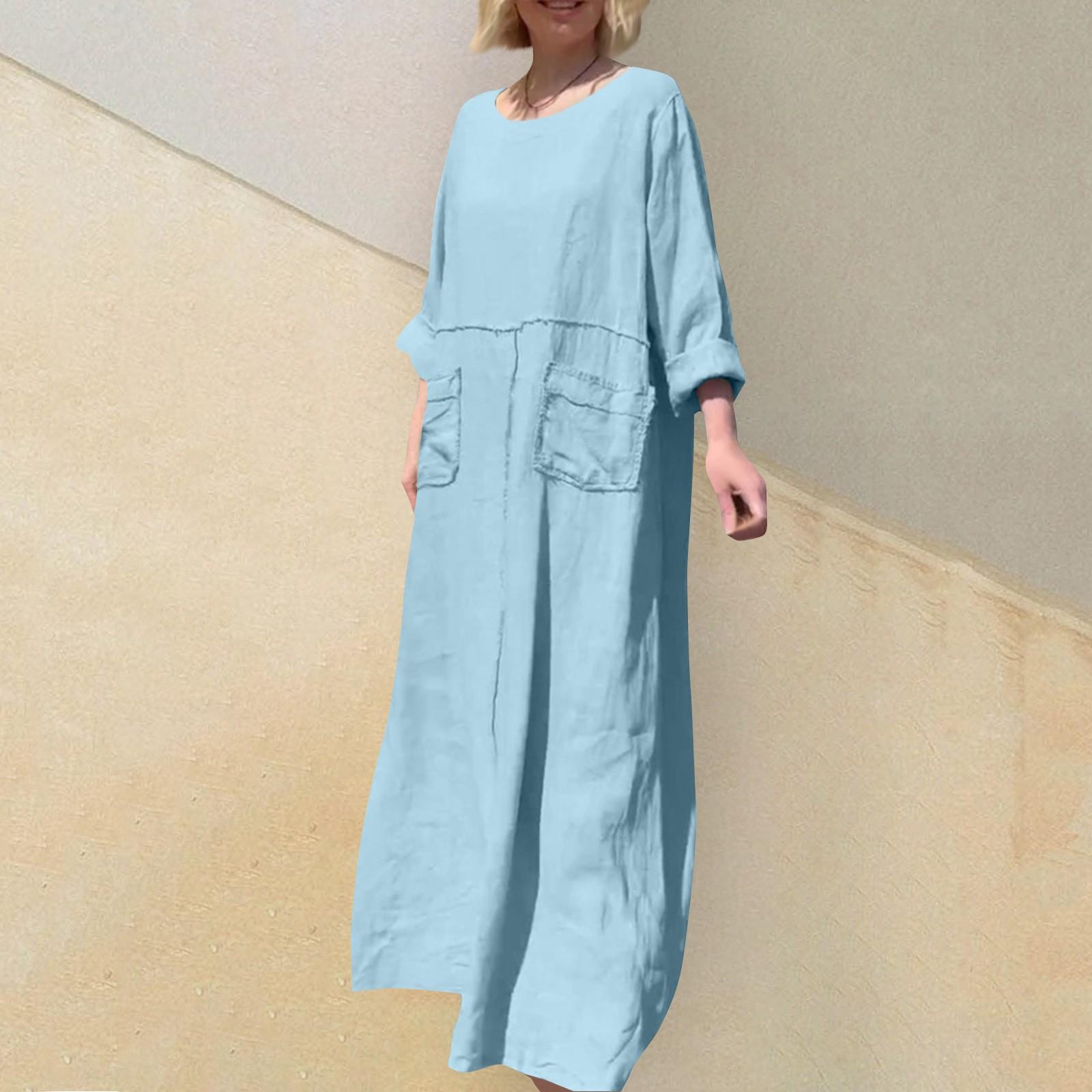 

Женское однотонное повседневное плиссированное двустороннее карманное платье из хлопка и льна с круглым вырезом и длинными рукавами L