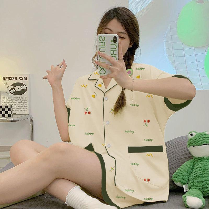 GMXIA High-quality Cotton-like Cute Cardigan Short-sleeved Student Pajamas for Women, Sweet Summer Style for Women's Home Wear