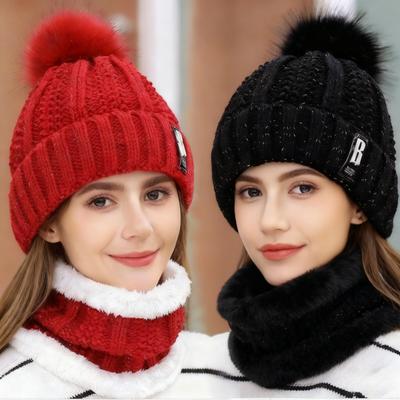 Winter Knitted Scarf Hat Set Thick Warm Beanies Hats for Women Solid Outdoor Snow Riding Ski Bonnet Caps