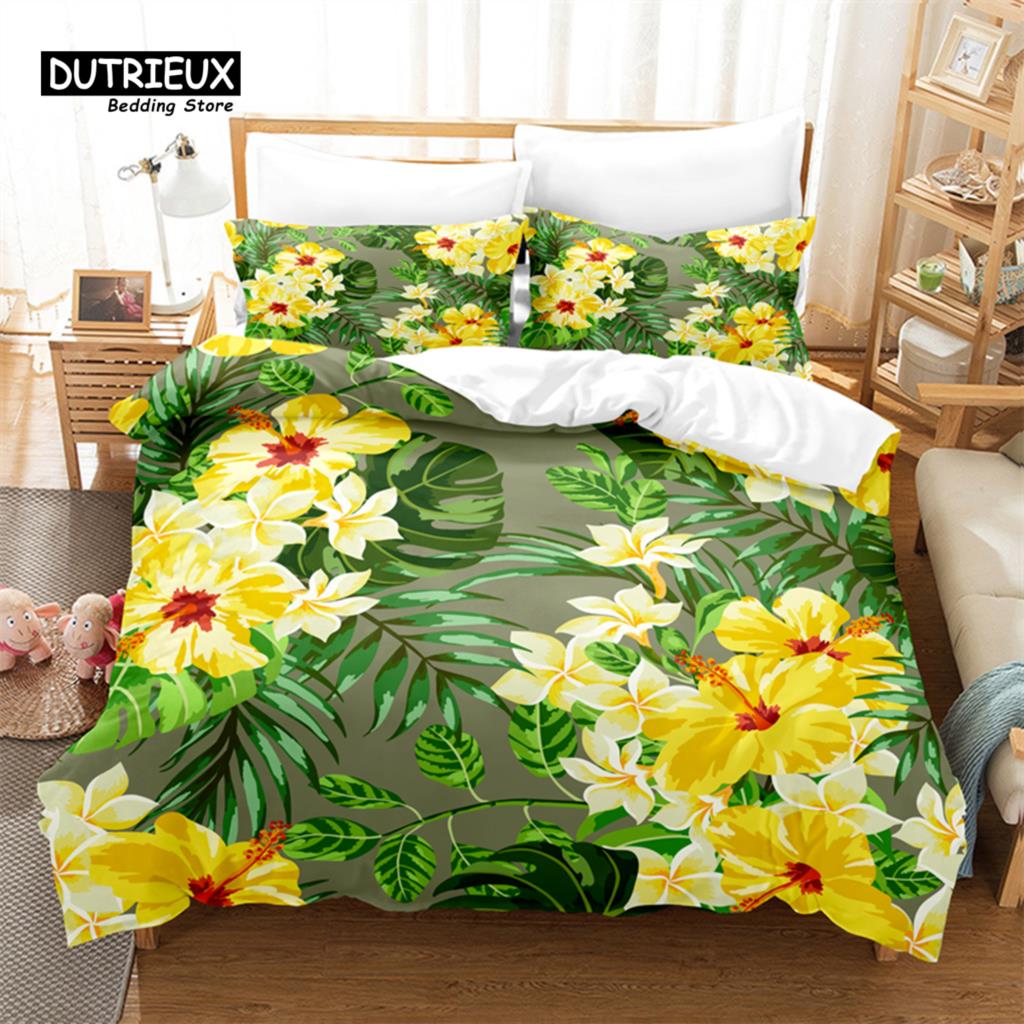 Cartoon Beautiful Flower Bedding Set, Leaf Duvet Cover Set, Soft Comfortable Breathable Duvet Cover, Bedroom Guest Room Decor