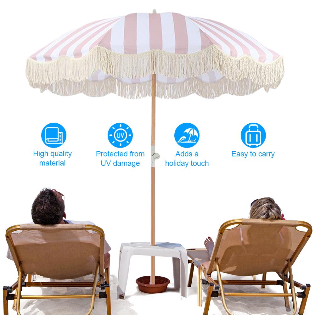 Striped Patio Umbrella with Fringe Outdoor Sunshade Umbrella with Tilt Pole for Balcony Terrace Swimming Pool Beach Garden