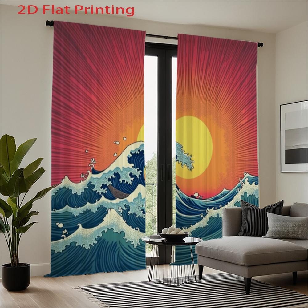 Flat Panels Semi Ocean Wave Curtain Sunrise Pattern Window Drapes Filtering Suitable With Sheer Polyester