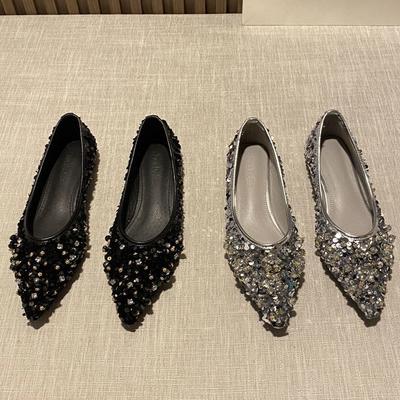 Pointed Single Shoes Summer New Flat Bottom Shallow Mouth One Pedal Soft Sole Laden Shoes Celebrity Temperament Sequined Women's Single Shoes