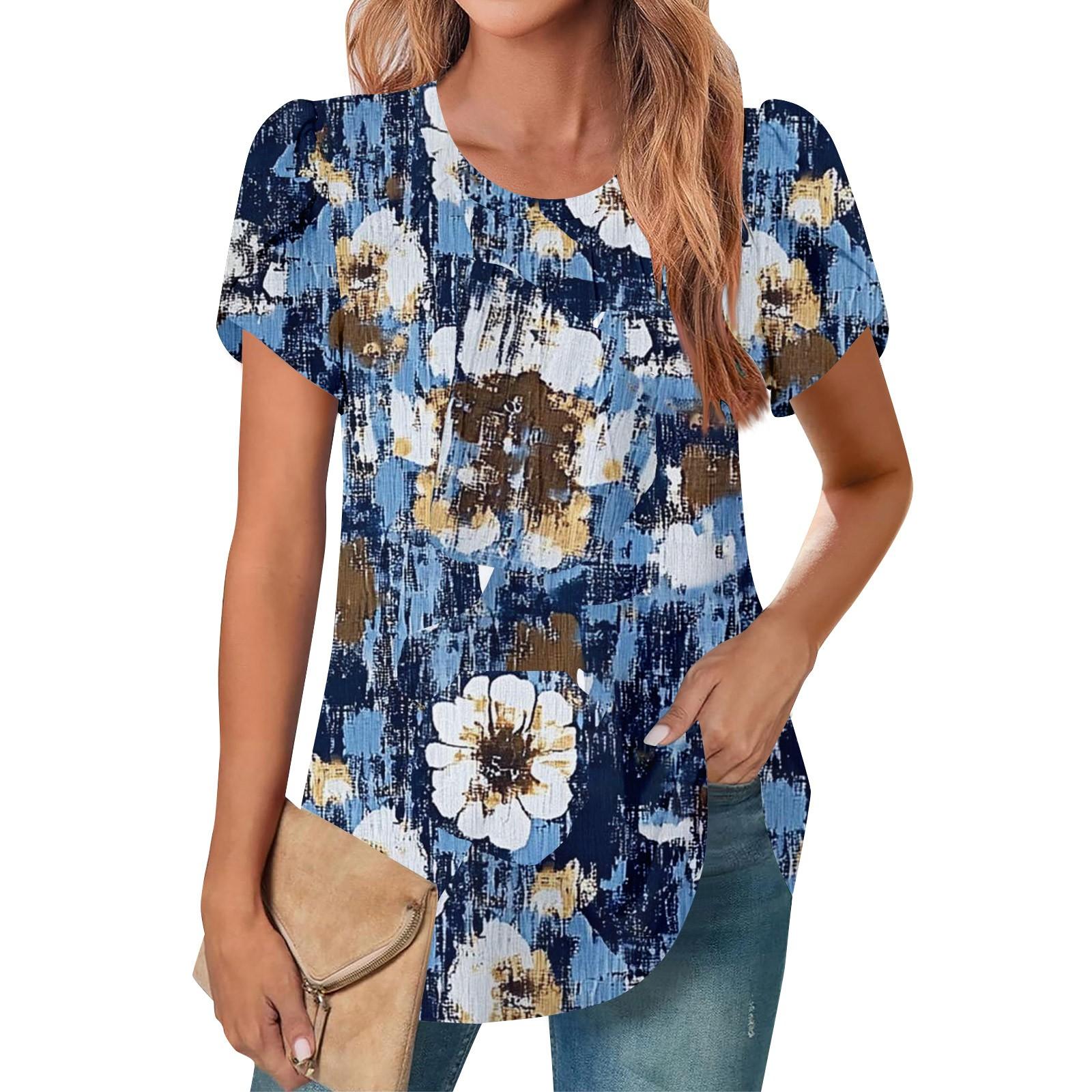 

Женский повседневный топ с круглым вырезом и коротким рукавом, с плиссировкой и расклешенными рукавами, с цветочным принтом XXL