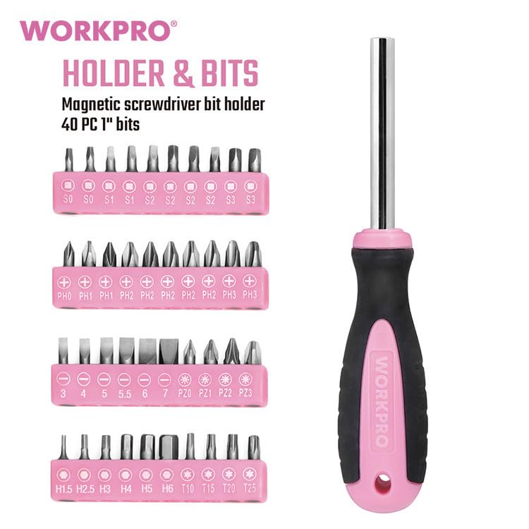 WORKPRO Home Tool Set WP206818 DIY Starter Kit with all the tools you need for basic repair and maintenance 103-Piece (Pink) - - tasks.