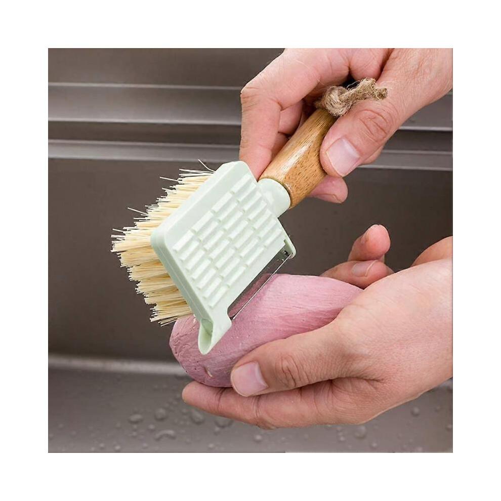 Vegetable Brush with Grater, Wooden Handle, Potato Brush with Peeler