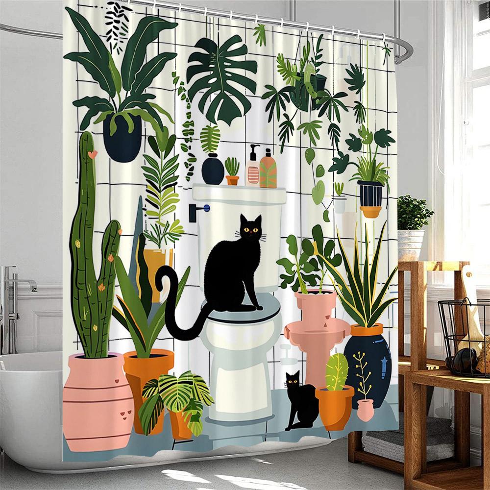 Plant Shower Curtain Cats Green Potted Plants Leaves Cat on the Toilet Modern Bathroom Decor Polyester Fabric Bathtub Curtain