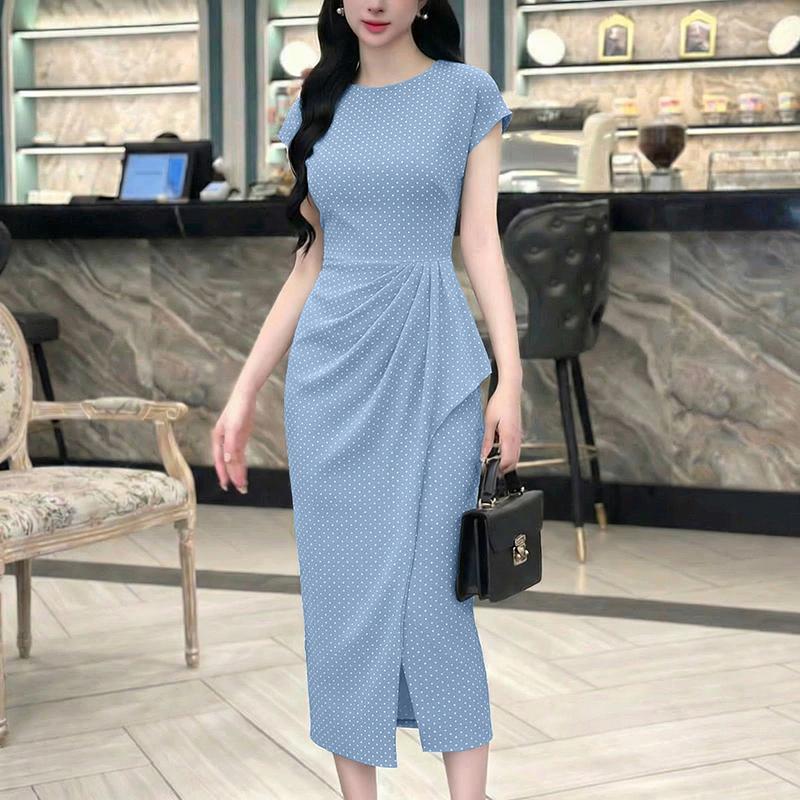ZANZEA Women Casual Round Neck Short Sleeve Polka Dot Print Sheath Dress