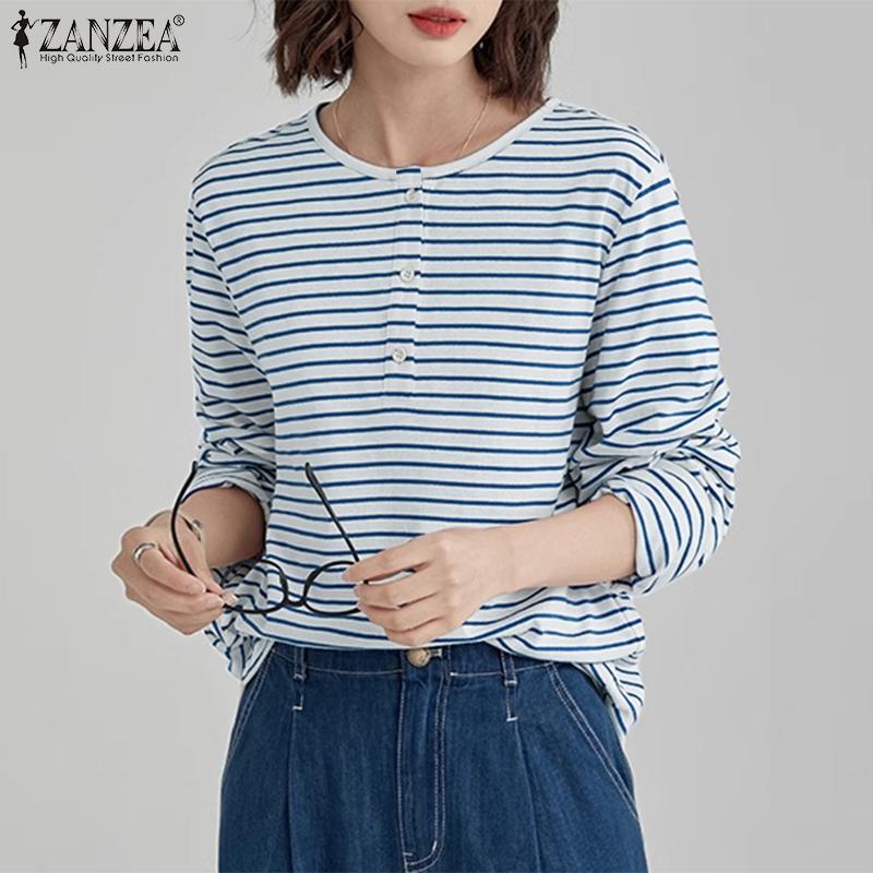 

ZANZEA Женская однотонная свободная блузка с круглым вырезом и длинными рукавами в полоску на пуговицах
