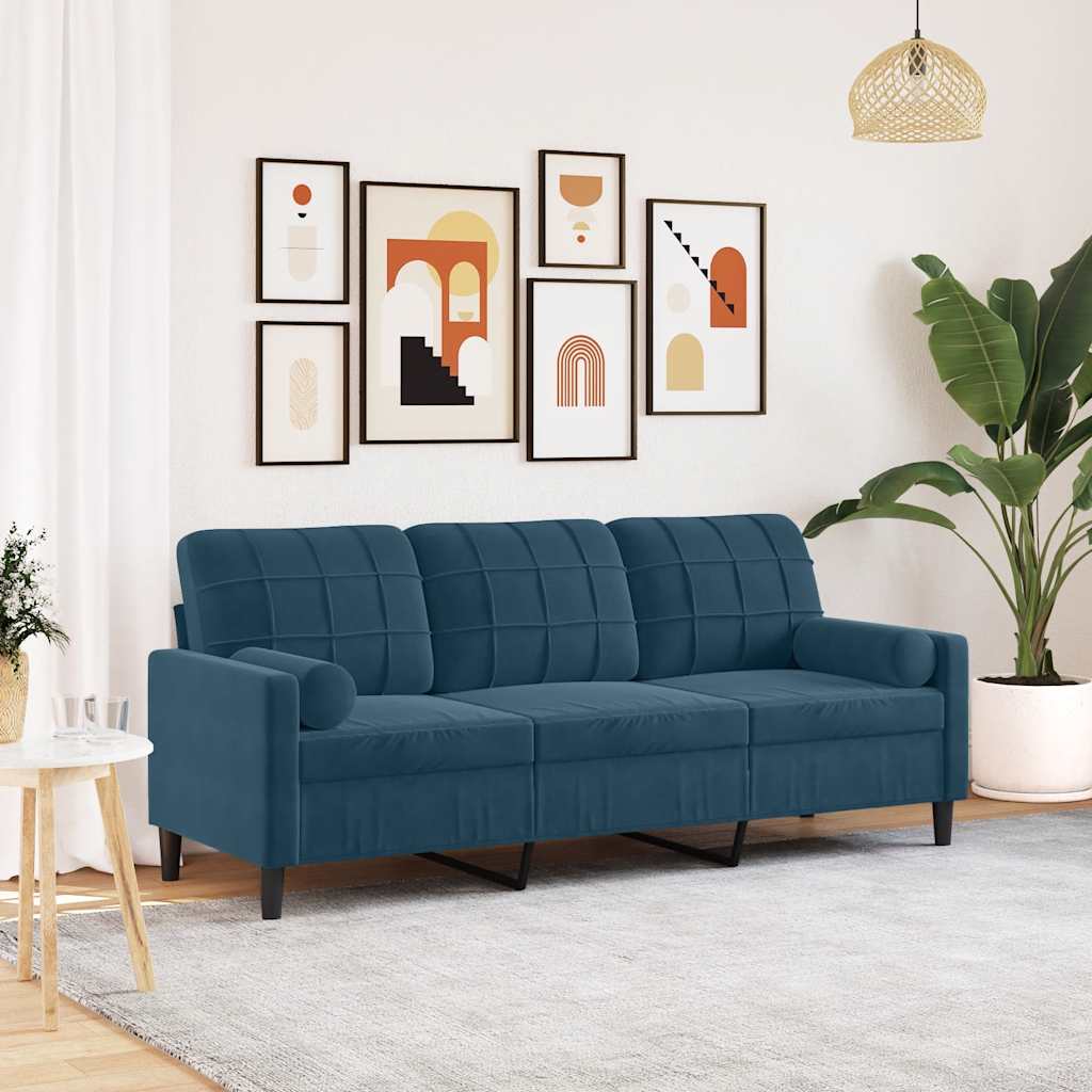3 Seater Sofa with Decorative Cushions Blue 180 cm Velvet