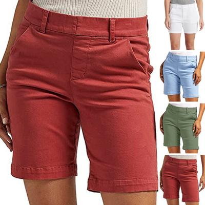Summer Women Shorts Slim Fit Straight Knee Length Pants Sport Solid Color Pockets High Waist Casual