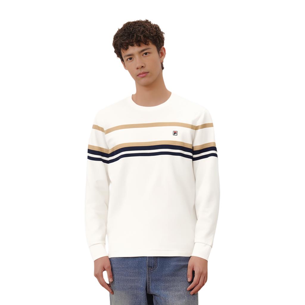 FILA Heritage Minimalist Fashion Classic Retro Striped Versatile Comfortable Pullover Crew Neck Long Sleeve T-Shirt Men tops Cloud-White F11M618207FWT