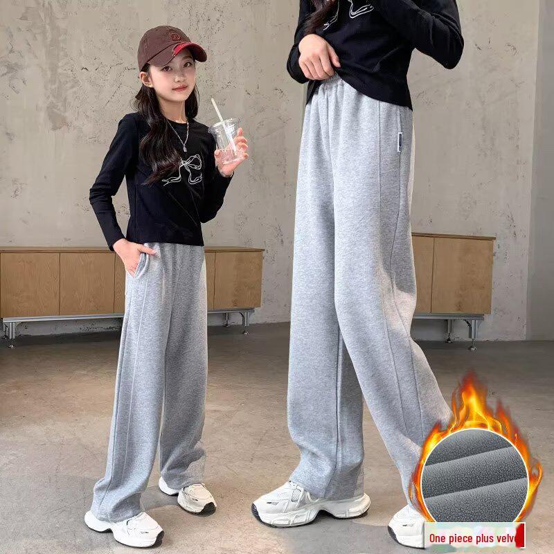2024 Girls' Velvet Wide-Leg One-Piece Sport Trousers for Autumn/Winter