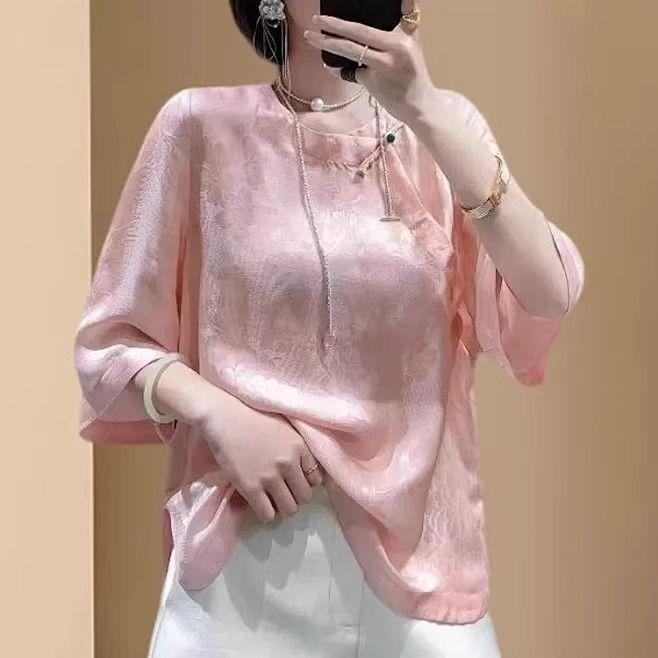 Short Sleeve Purple Acetate Jacquard Top Summer Shirt Versatile Five-quarter Sleeve Shirt
