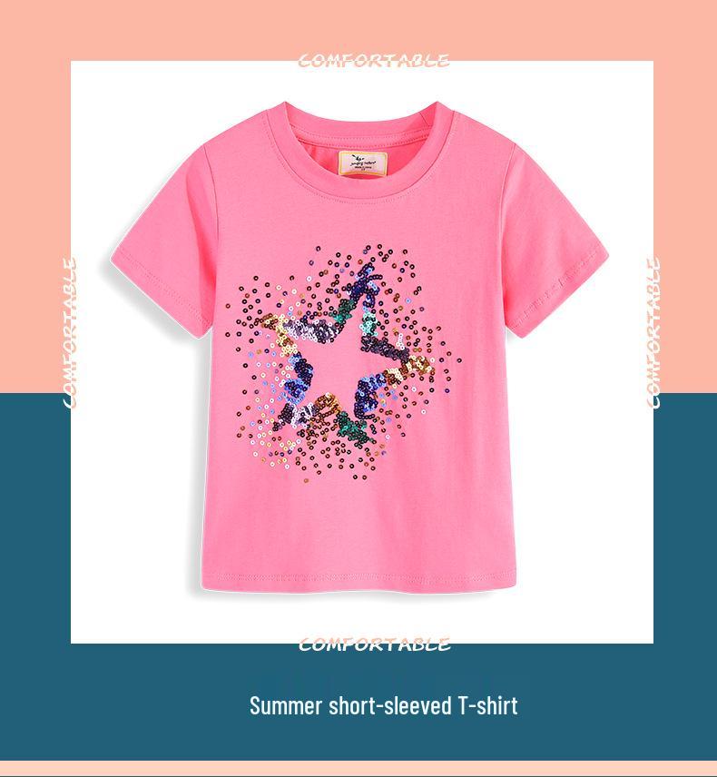 Girls' Embroidered Sequin Star Summer T-Shirt