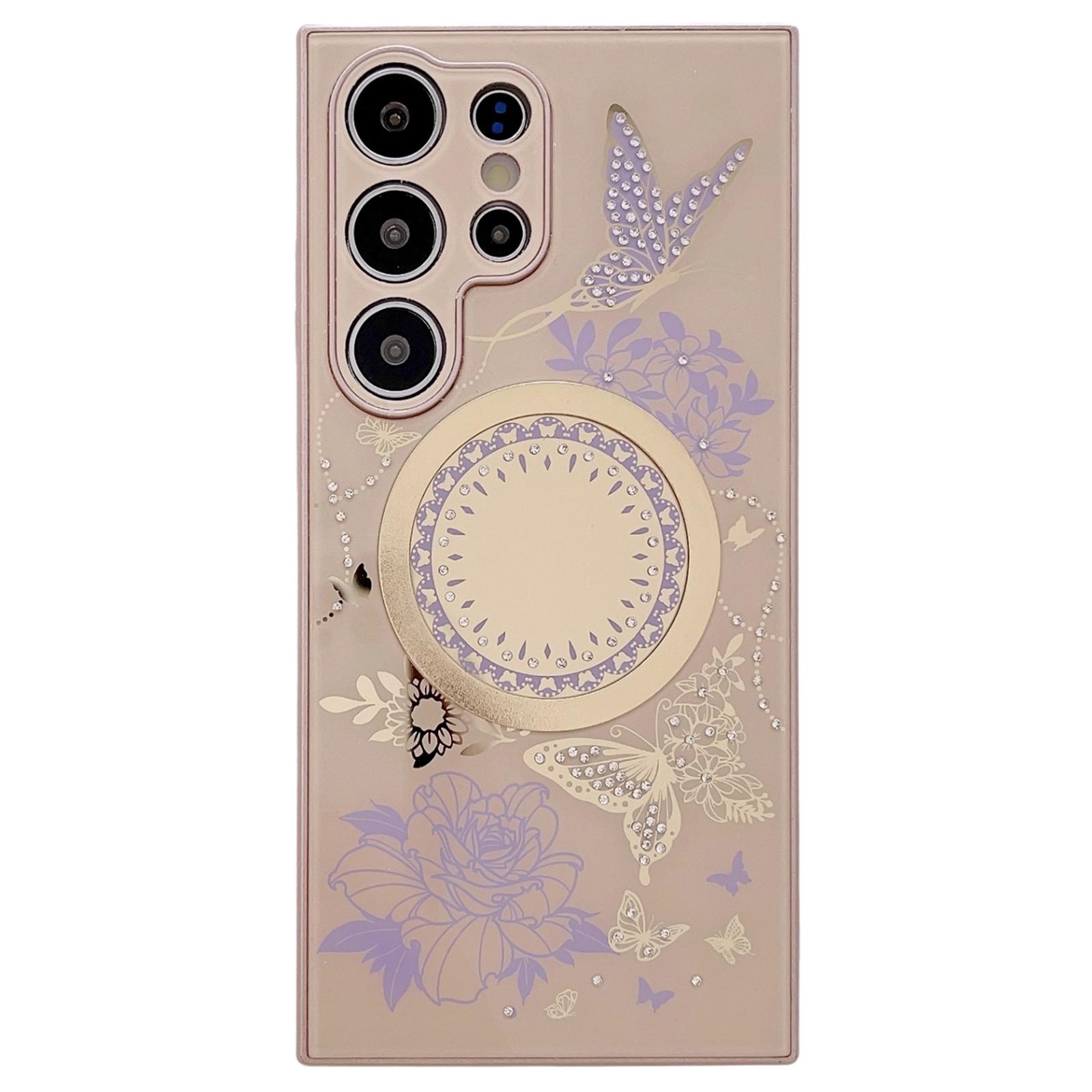 

For Samsung Galaxy S23 Ultra Case Compatible with MagSafe TPU+PC Phone Cover Flower Butterfly Pattern Brown/Purple