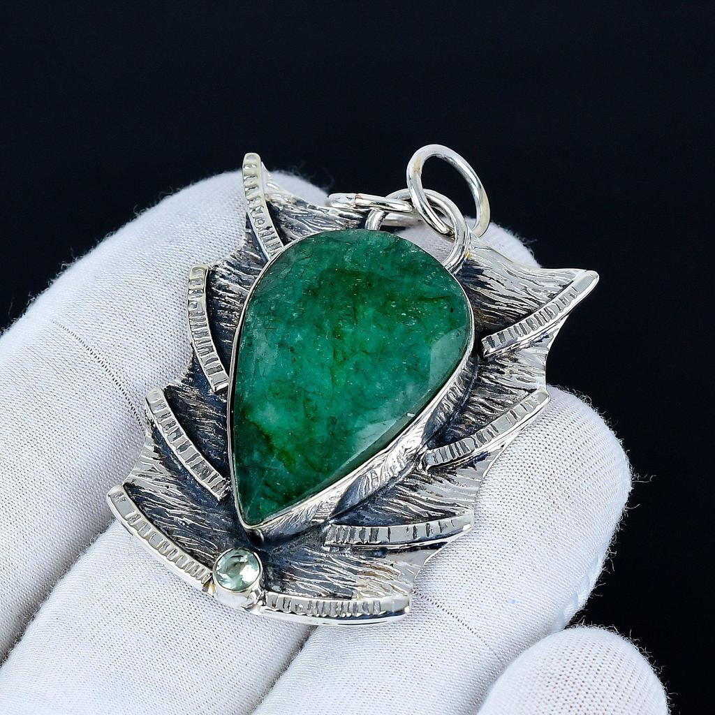 Smaragdhänge, 925 Sterlingsilver Handgjorda Smycken, Smaragd Silverhänge, Festkläder Smycken för Dam, Hänge Vaddpresent