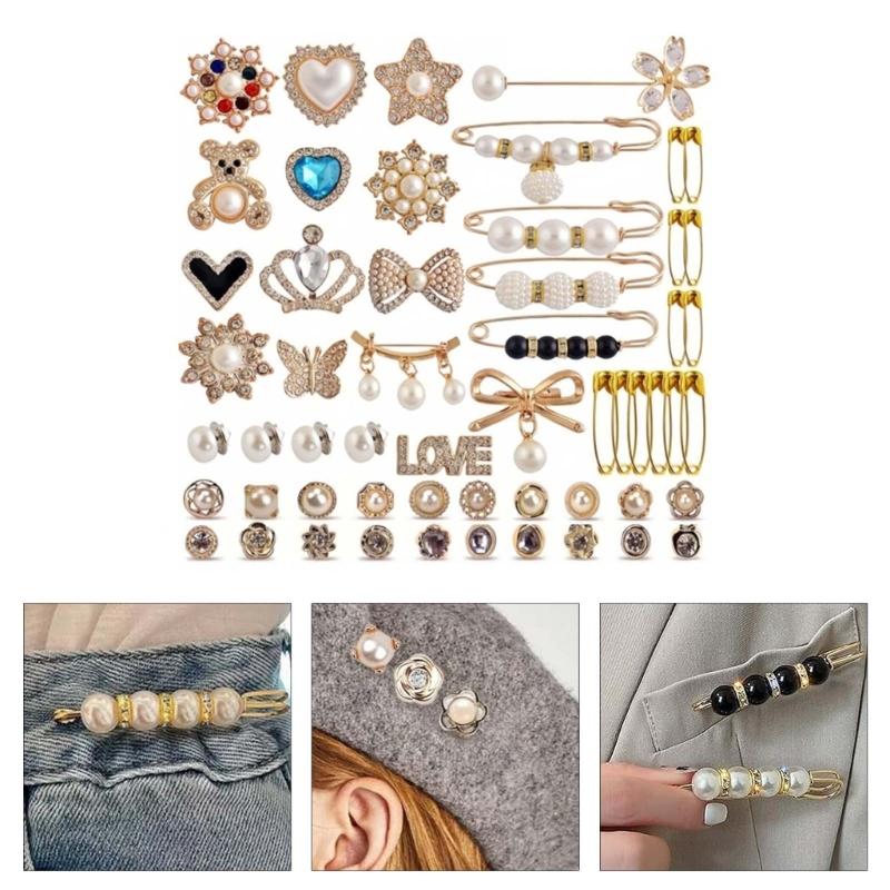55Pcs Charm for Socks Sweater Shawl Clip Brooch Safe Pin Jewelry Charm Artificial Pearls Rhinestones Brooch Pin