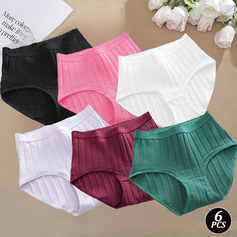 FINETOO 6PCS/SET Women Basic High Waist Striped Panties Cotton Breathable Daily Multi Color Set Butt Lifting Plus Size Comfort Underwear
