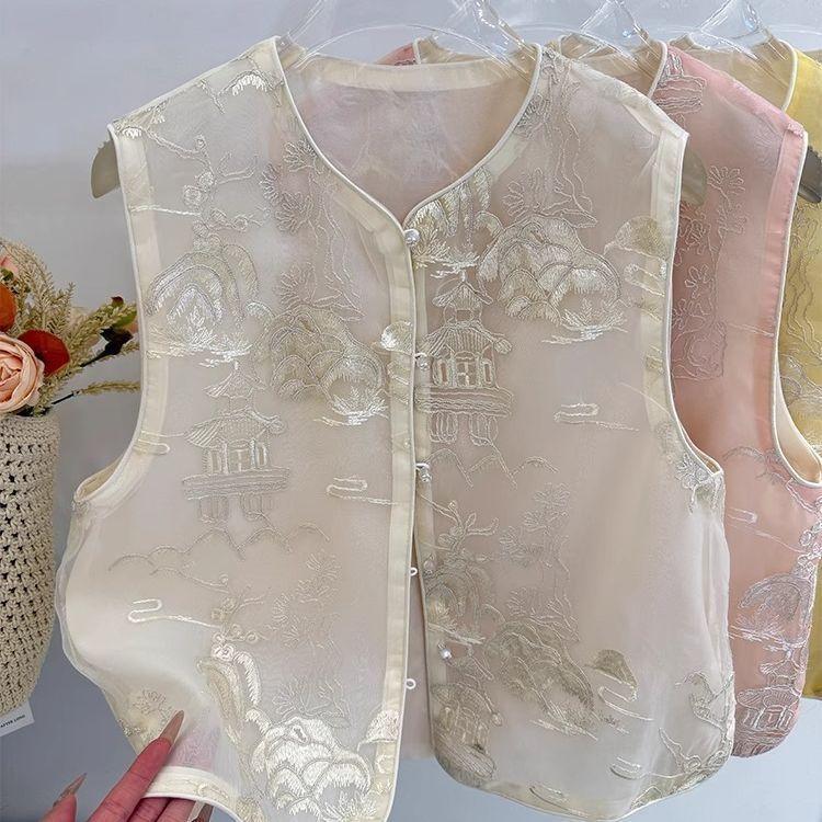 Nou 2025 vestă din organza brodată pentru femei, vestă versatilă de temperament, la modă
