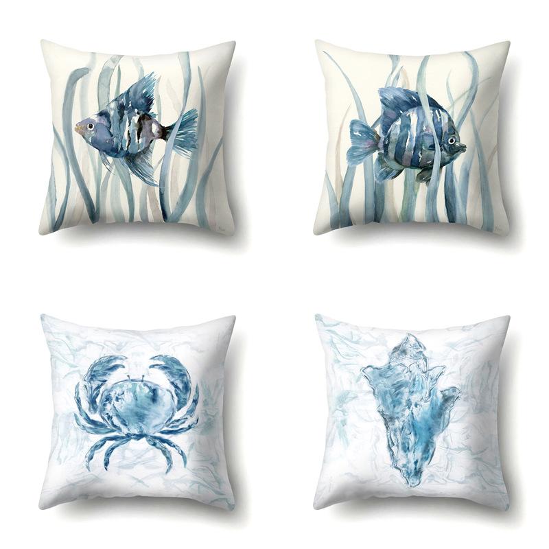 Polyester Pillowcase Peach Leather Velvet Cushion Cover Marine Life Seahorse Octopus Printed Pillow Bedside Cushion Cover