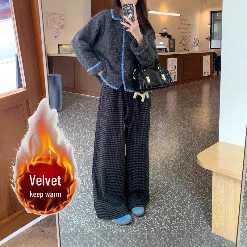 

Women s Winter 2024 Fleece-Lined Plaid Wide-Leg Pants - Elastic Waist, Floor-Length, Loose Fit L [up to 115 lbs]