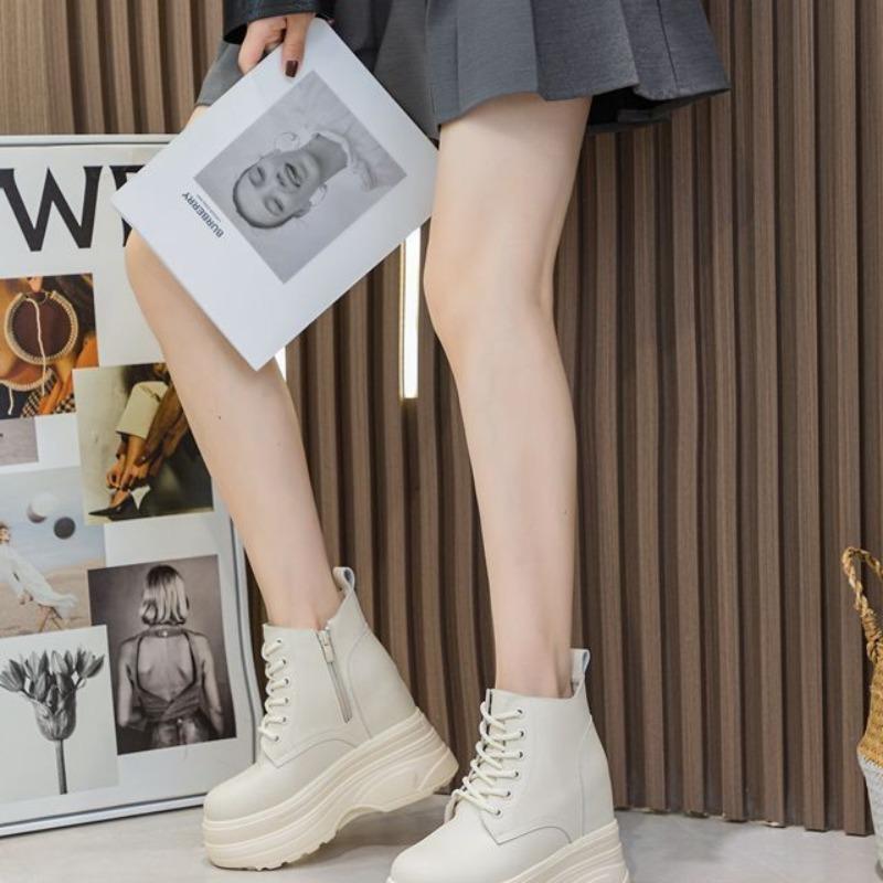 Fashion 11CM Super Thick Sole Chunky Heel Shoes Boots Ankle Mid Calf Knee Leather High Boots Zipper Spring Autumn Booties