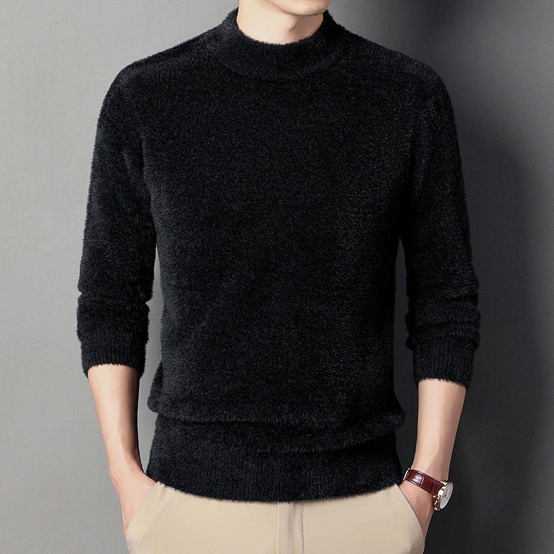 Imitation Mink Fleece Men Sweater Pullovers Thickened Half High Neck Solid Male Clothes Business Casual Autumn Winter Sweaters