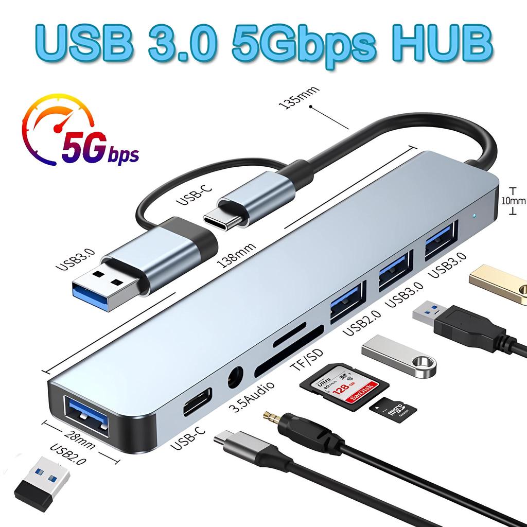 8-in-2-Dockingstation Typ C, USB-Splitter-Adapter, USB-C-Hub, 5 Gbit/s Hochgeschwindigkeitsübertragung, USB 3.0, 2.0, 3,5, Audiobuchse, SD/TF-Kartenleser, OTG-Adapter