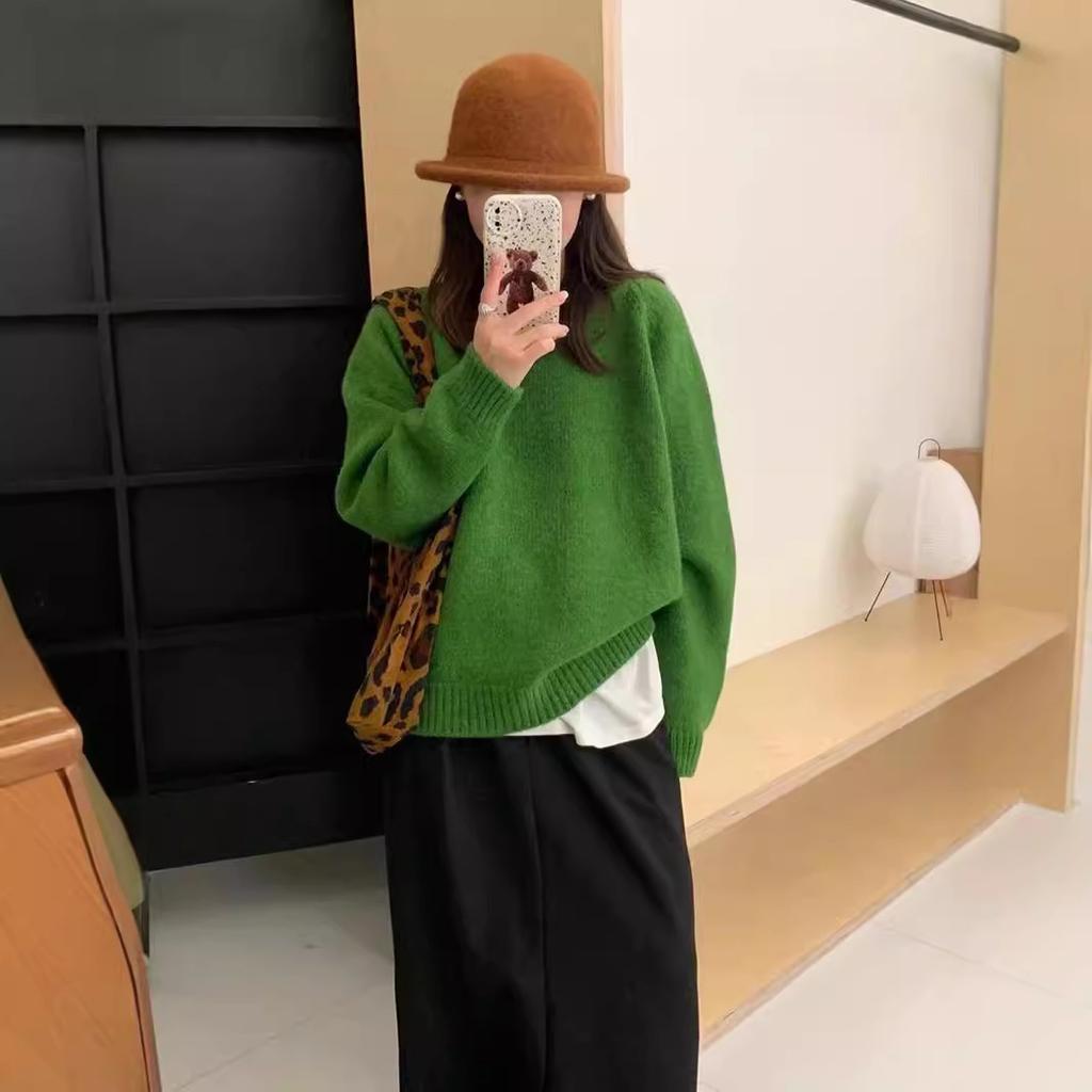 Chic inner loose and thin knitted top outer wear autumn and winter round neck leather label candy color pullover sweater women