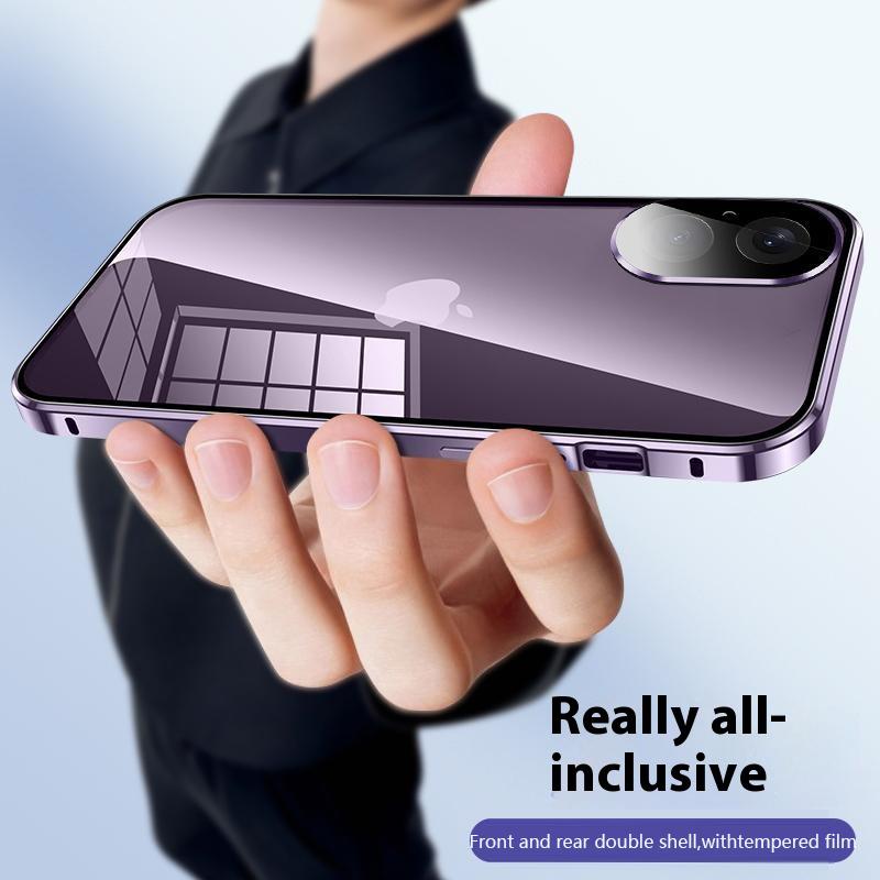 For iPhone 16 Plus Case Magnetic Adsorption Double Sides Tempered Glass+Metal Phone Cover with Buckle