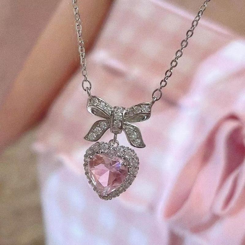 Fashion Pink Sweet Heart Zircon Necklace Women Aesthetic Clavicle Chain Necklace Valentines Day Gift Party Jewelry